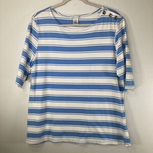 Rebecca Malone Women's Top XL Blue White Striped Jersey Gold Buttons 3/4 Sleeve